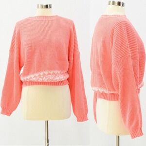 80s Vintage Womens Pink Snow Flake Relaxed Fit Sweater L Fair Isle White Blouson